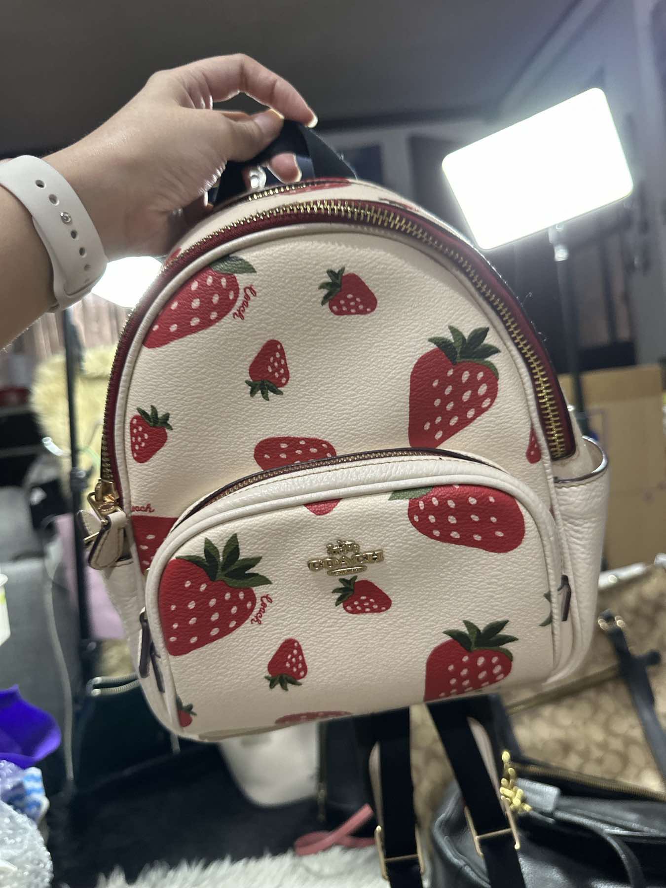 AUTHENTIC/ORIGINAL Preloved Coach Mini Court Backpack With Strawberry Print White Bag