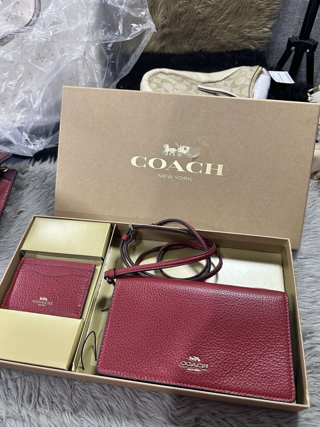 AUTHENTIC/ORIGINAL Coach Anna Foldover Clutch Crossbody Small Bag & Card Wallet Set Red