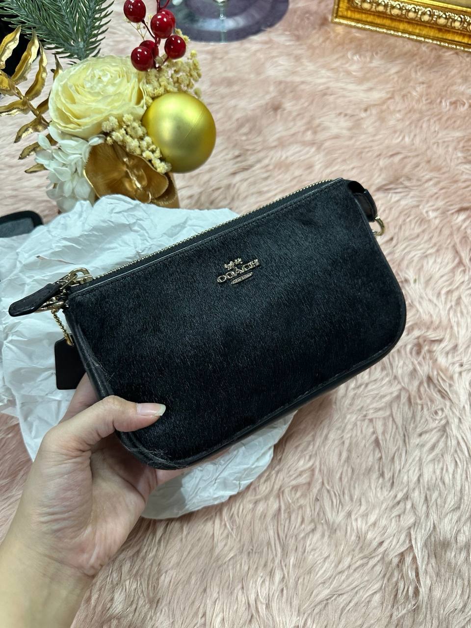 ORIG Preloved COACH RARE Nolita 19 Large Chain Wristlet Haircalf fur Black Small Bag