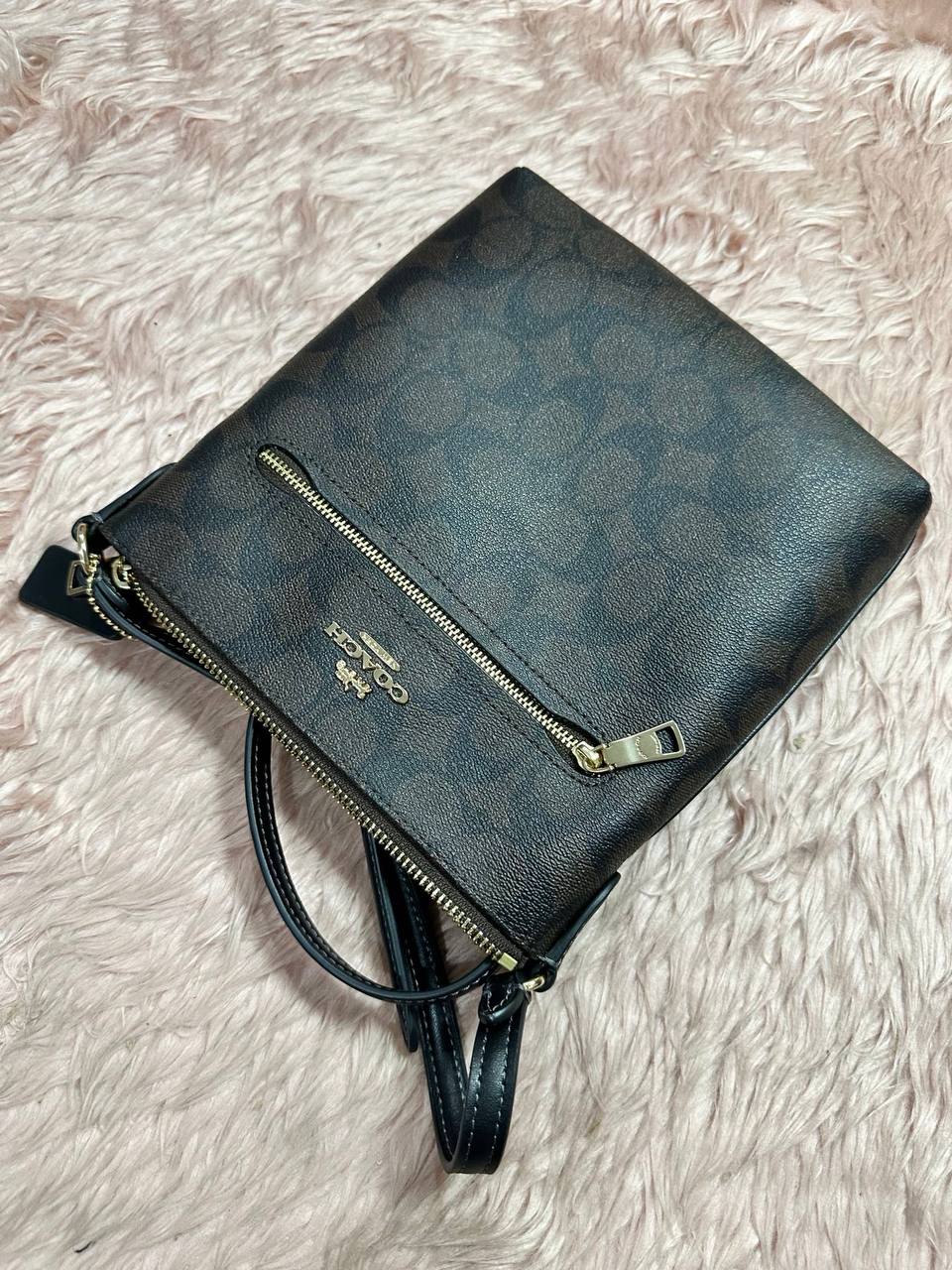 ORIG Preloved COACH Mini Rowan File Brown Bag In Signature Canvas