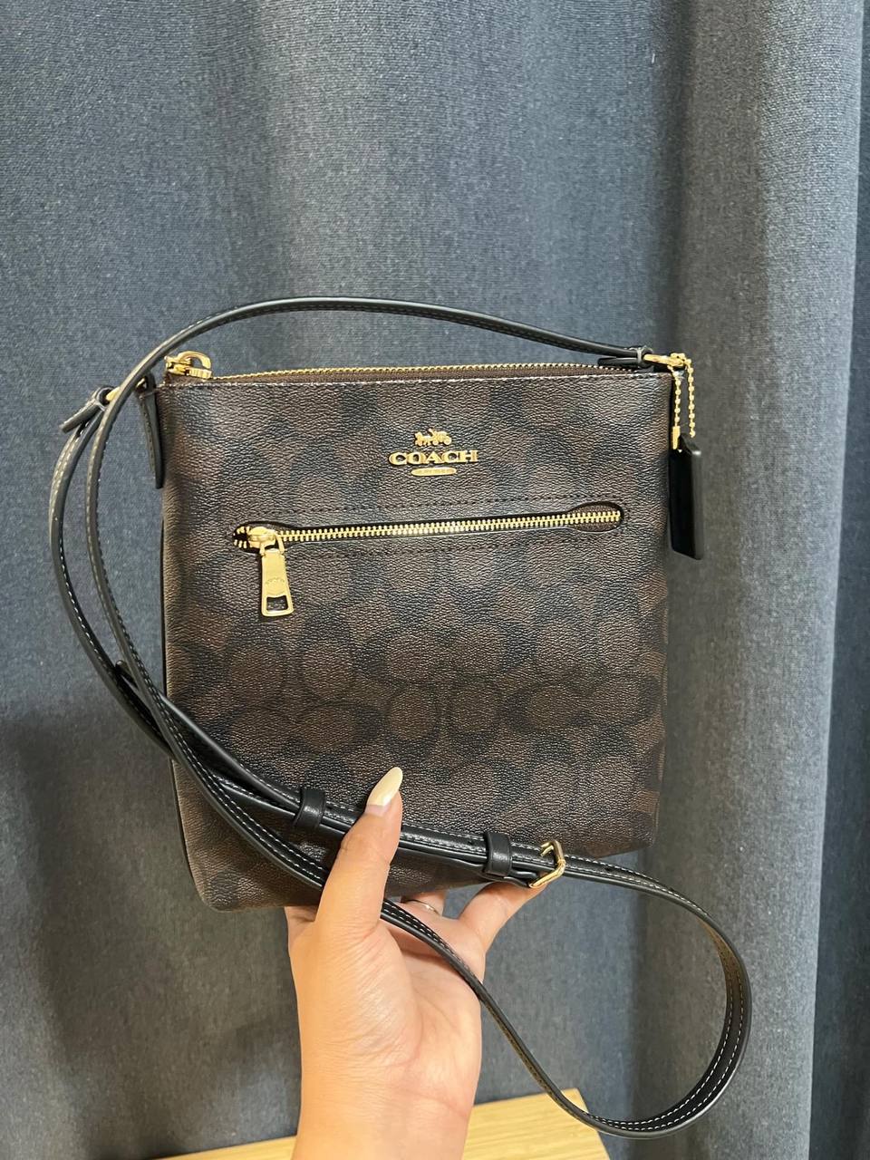 ORIG Preloved COACH Mini Rowan File Brown Bag In Signature Canvas