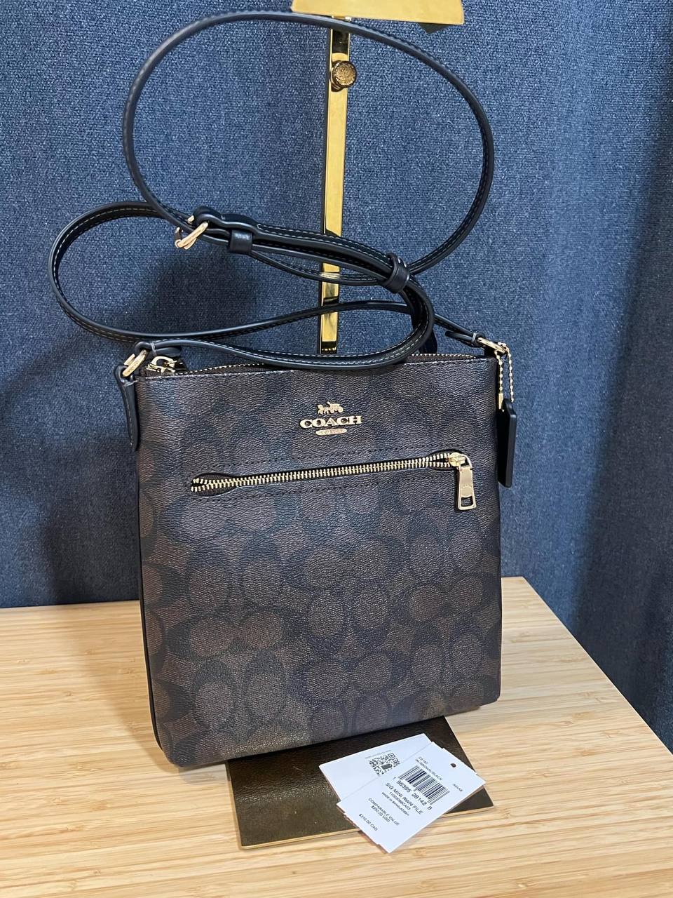 ORIG Preloved COACH Mini Rowan File Brown Bag In Signature Canvas