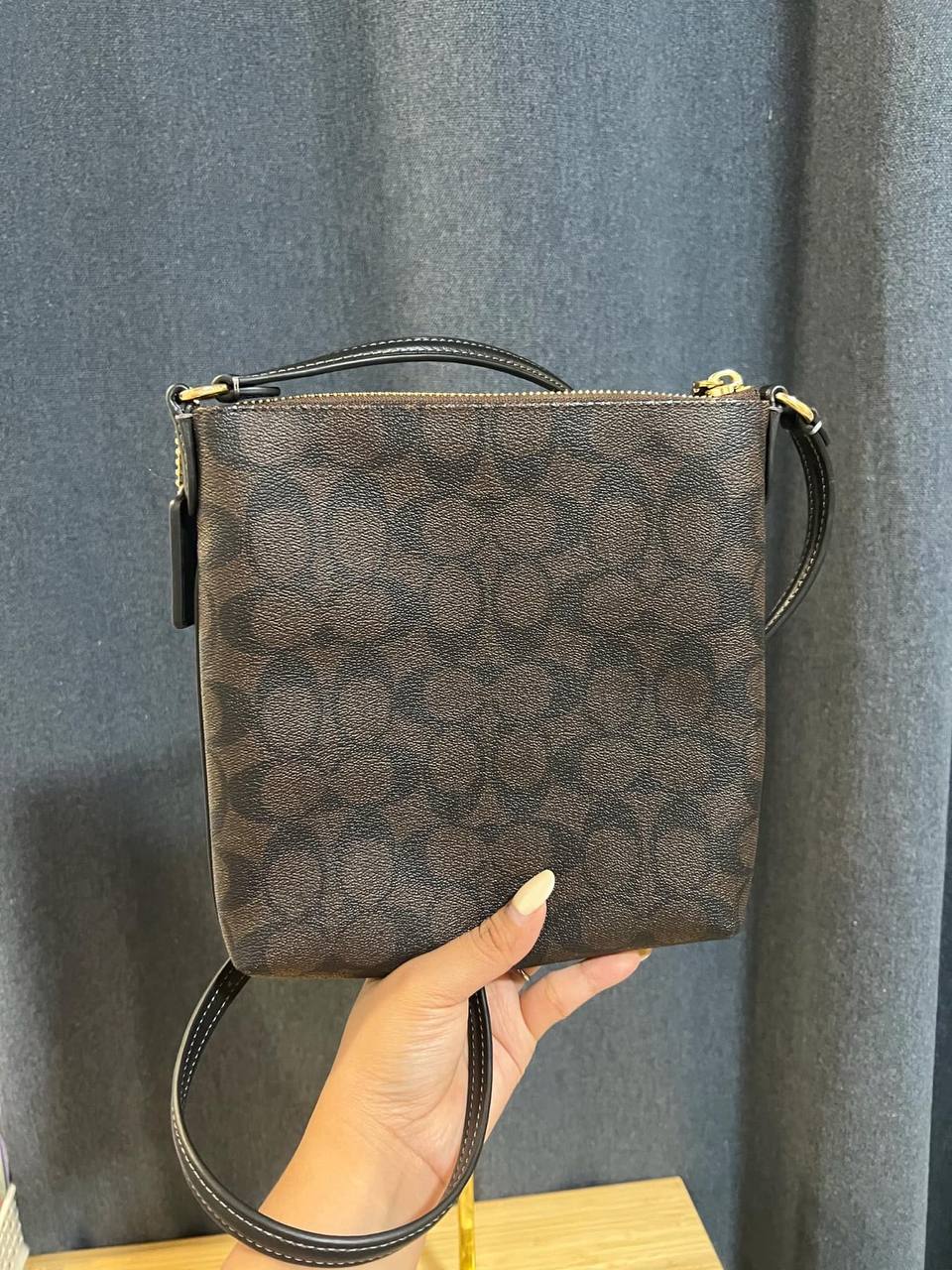 ORIG Preloved COACH Mini Rowan File Brown Bag In Signature Canvas