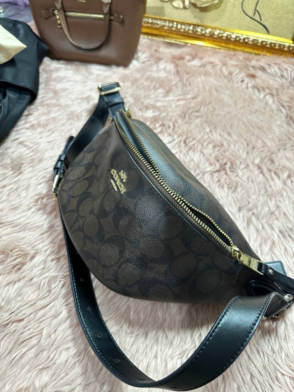 ORIG Preloved COACH Brown Belt Bag In Signature Canvas
