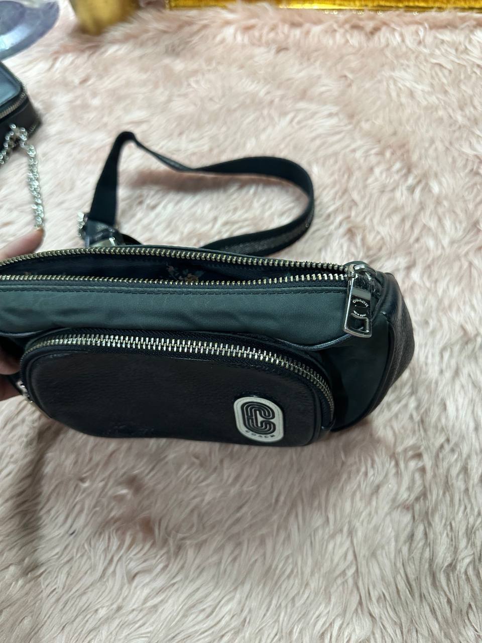 ORIG Preloved COACH Court Belt Black Green Bag Nylon