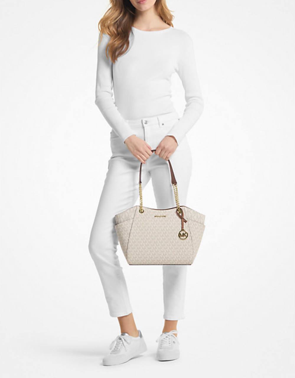 ORIG IMPORTED Michael Kors MK Jet Set Large Signature Logo Shoulder Bag White Vanilla