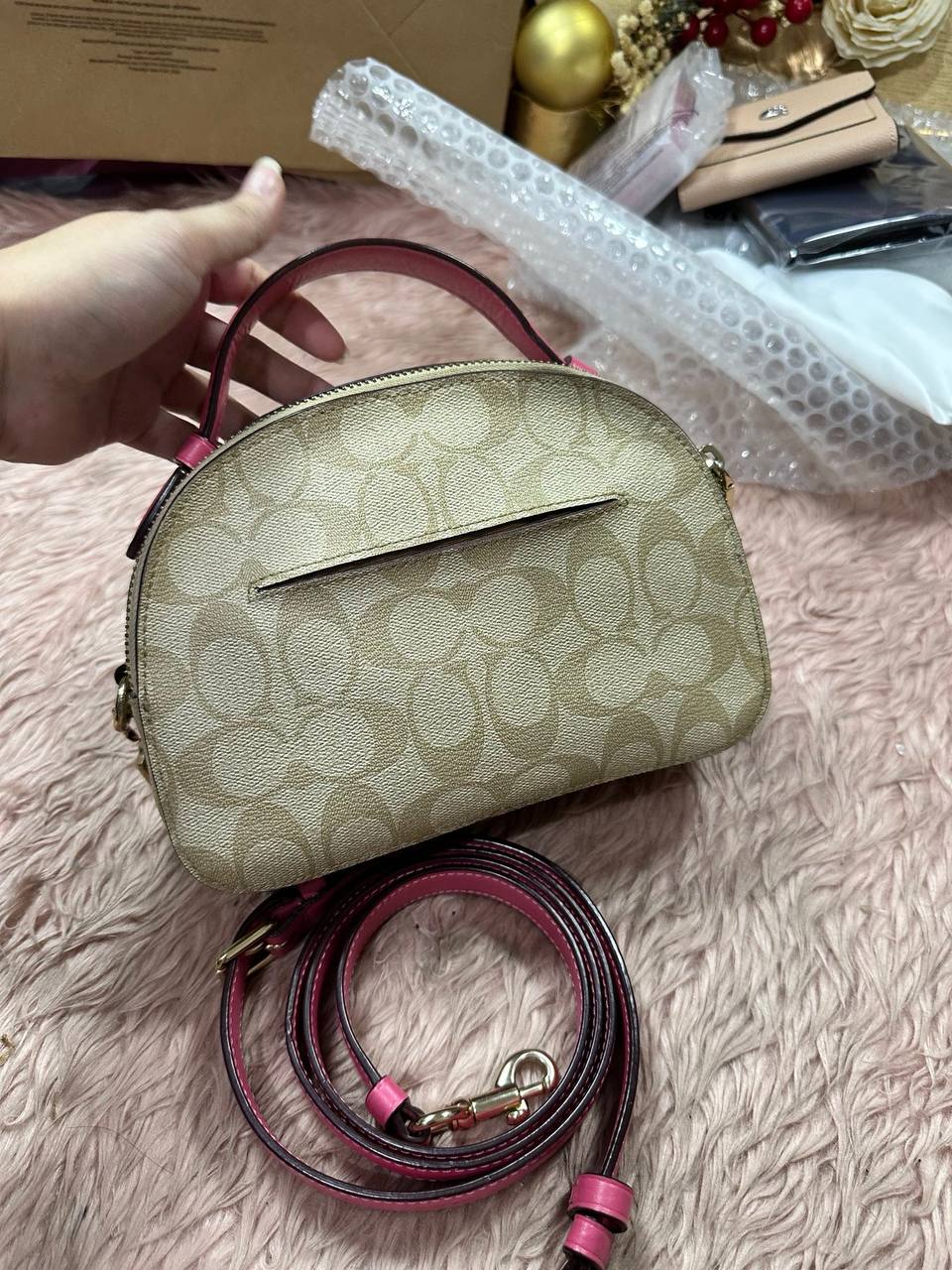 ORIG Preloved COACH Serena Satchel In Signature Canvas in Light Khaki/Pink Small Bag