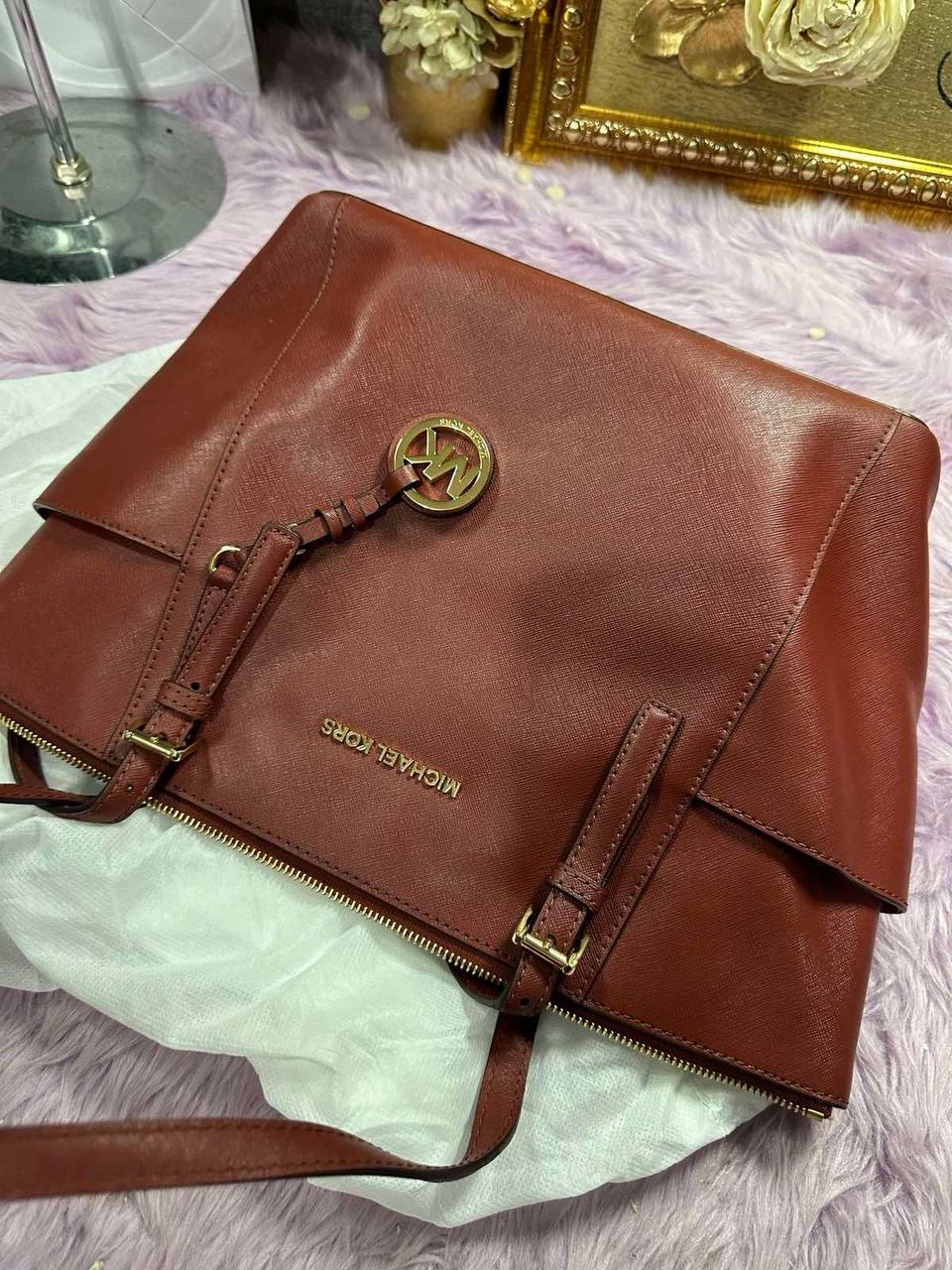 ORIG Preloved Michael Kors MK Charlotte Large Leather Top Zip Shoulder Tote Red Bag