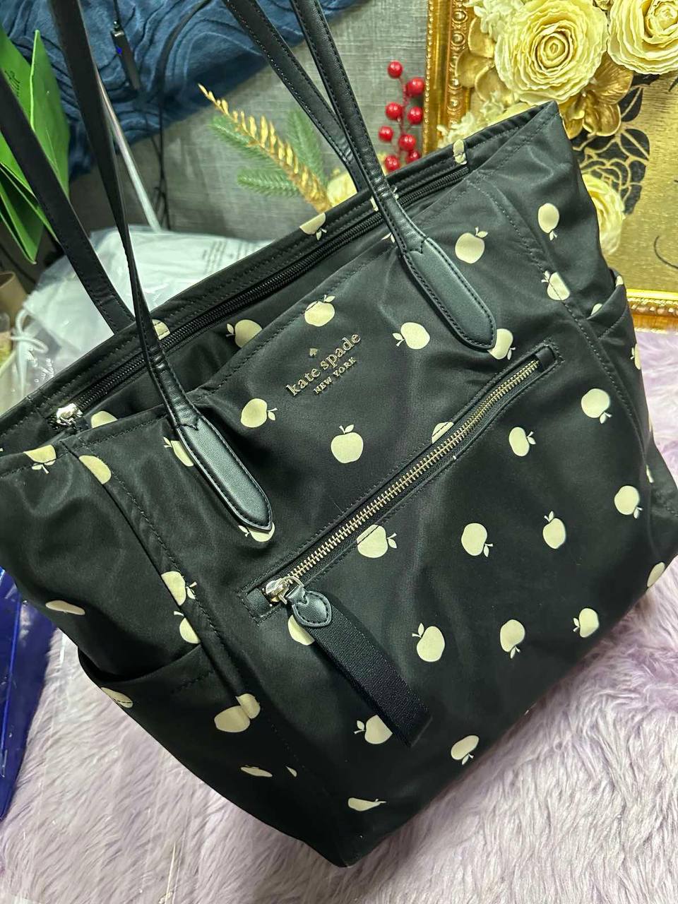 ORIG Preloved Kate Spade KS Chelsea Large Floral Nylon Black Tote Bag