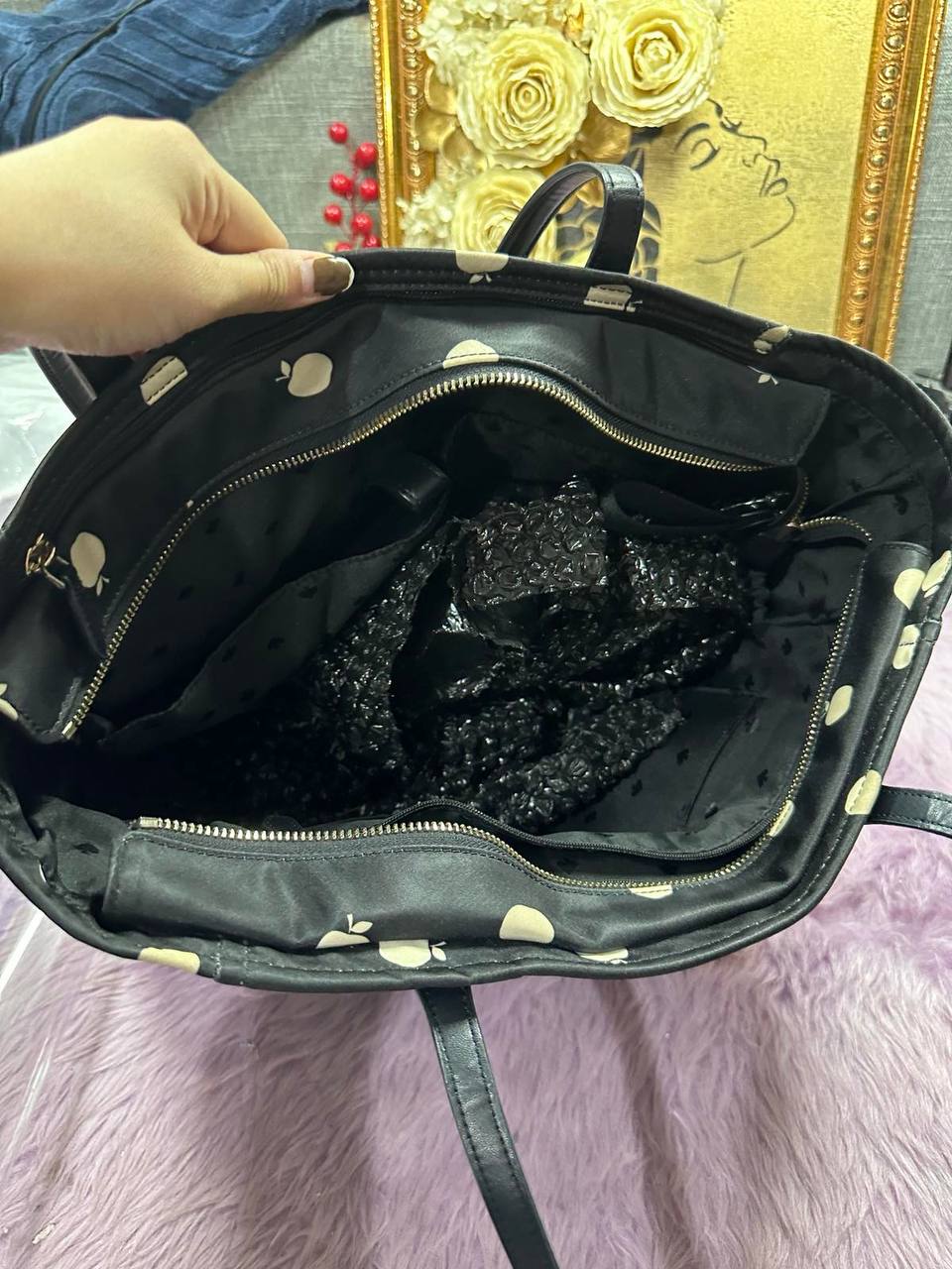 ORIG Preloved Kate Spade KS Chelsea Large Floral Nylon Black Tote Bag