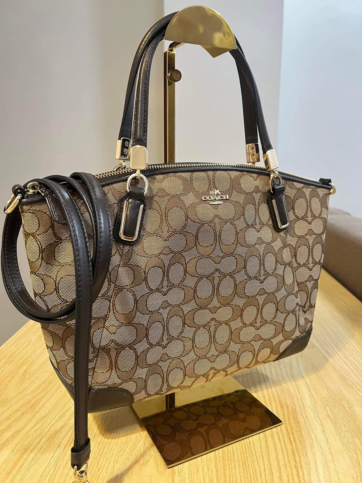 AUTHENTIC/ORIGINAL Preloved Coach Signature Jacquard Small Kelsey Satchel Khaki Brown Bag