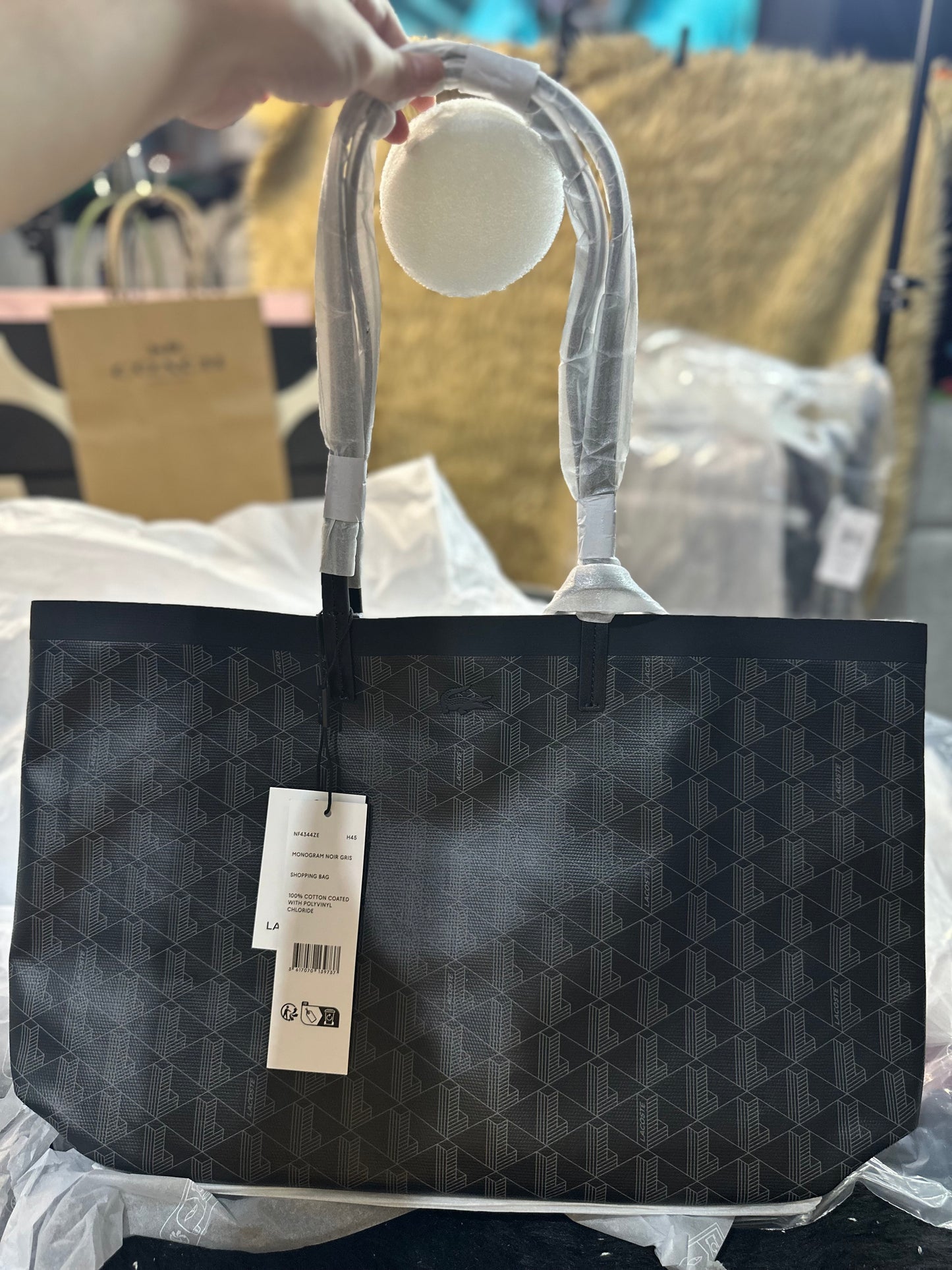 AUTHENTIC/ORIGINAL Lacoste Zely Canvas Monogram Small Medium Tote Bag Black Beige