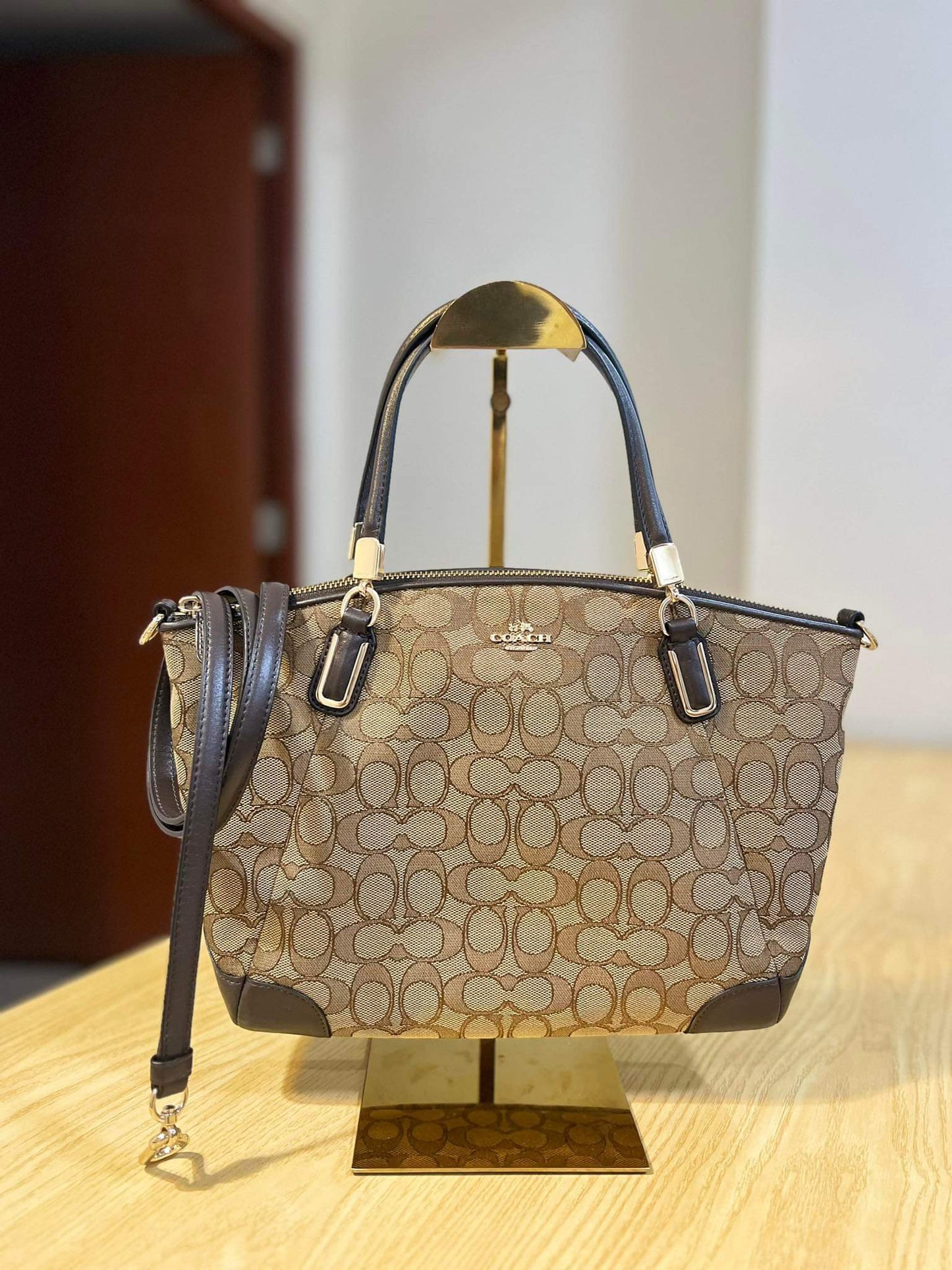 AUTHENTIC/ORIGINAL Preloved Coach Signature Jacquard Small Kelsey Satchel Khaki Brown Bag