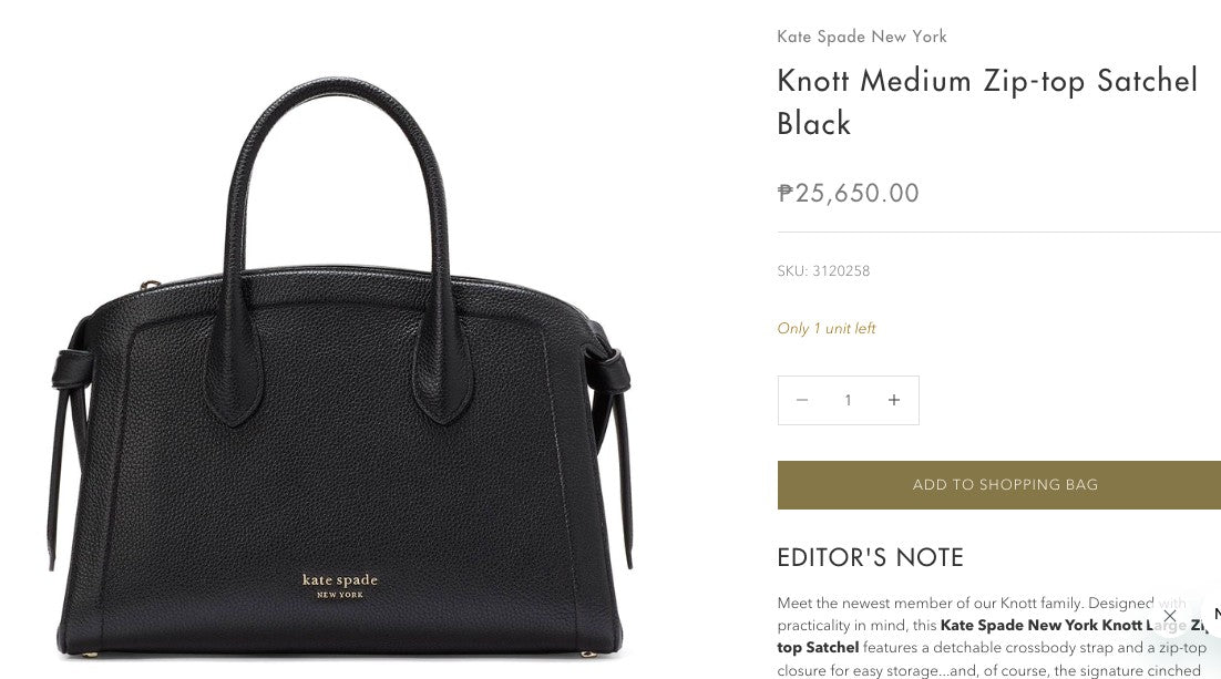 AUTHENTIC/ORIGINAL KateSpade KS Knott Medium Zip-top Satchel Black Bag