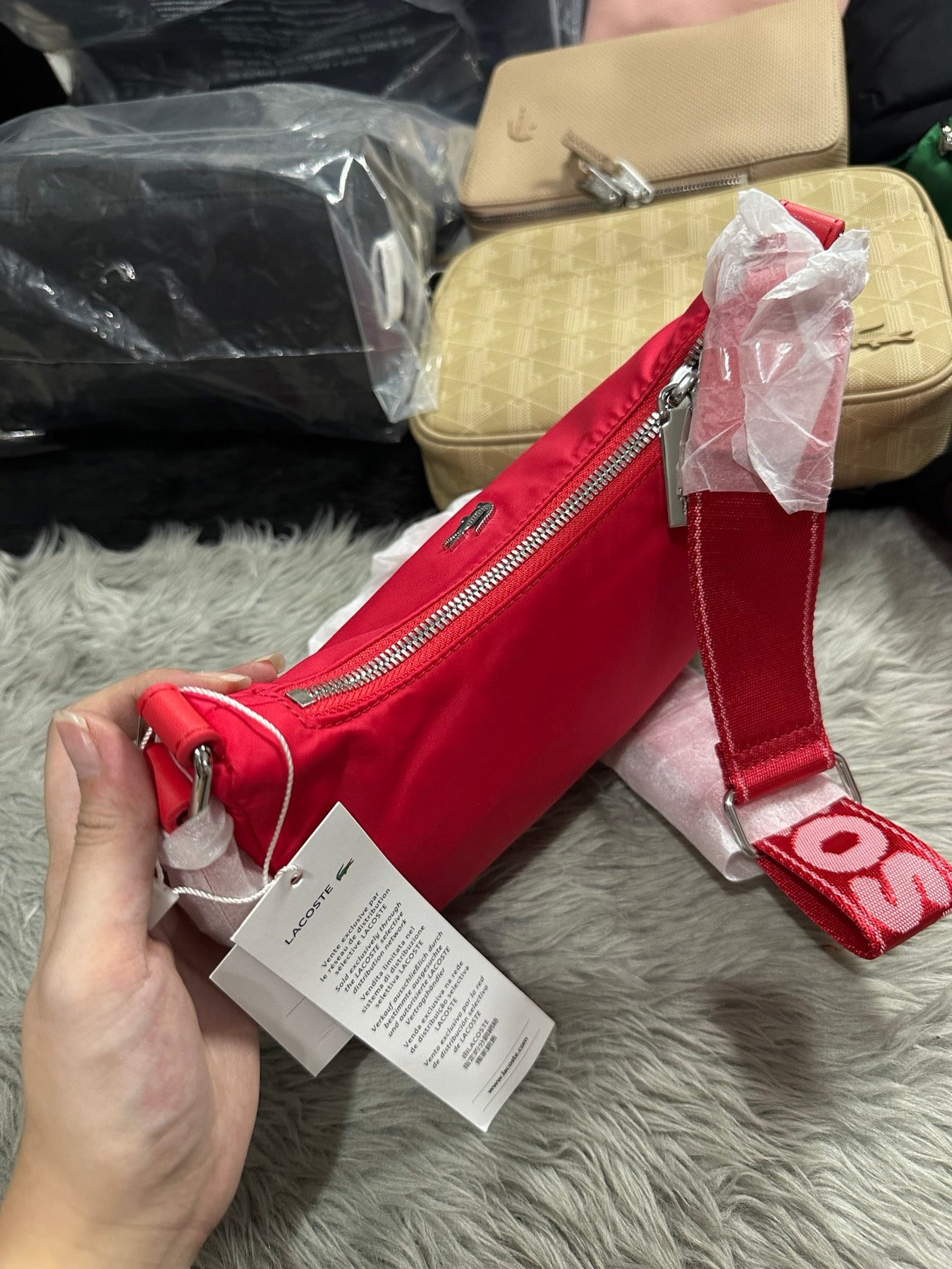 AUTHENTIC/ORIGINAL Lacoste Metal Crocodile Branded Strap Nylon Shoulder Bag Red