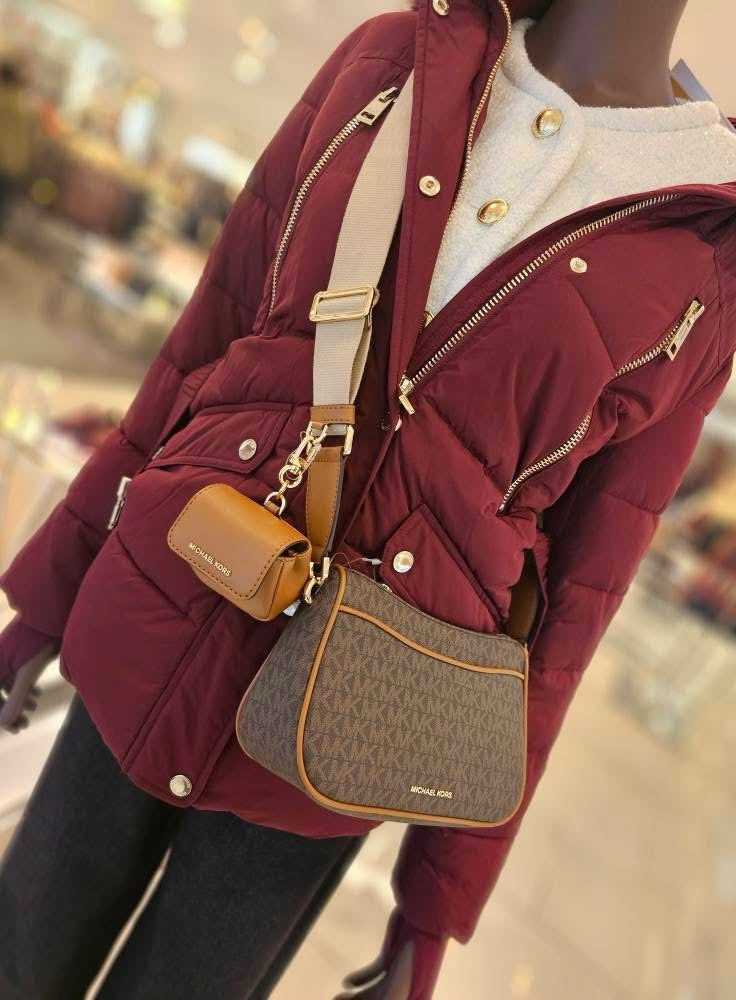 AUTHENTIC/ORIGINAL MK Jet Set Medium Signature Logo Crossbody Brown Bag with Case for Apple AirPods Pro®