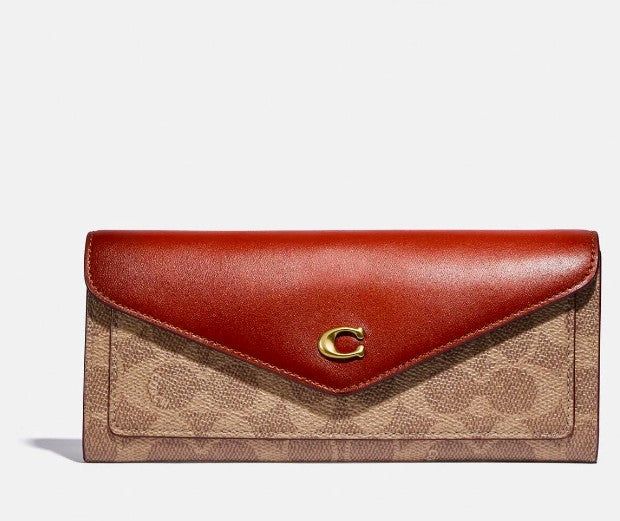 AUTHENTIC/ORIGINAL Preloved Coach Wyn Soft Long Wallet In Colorblock Signature Canvas Brown