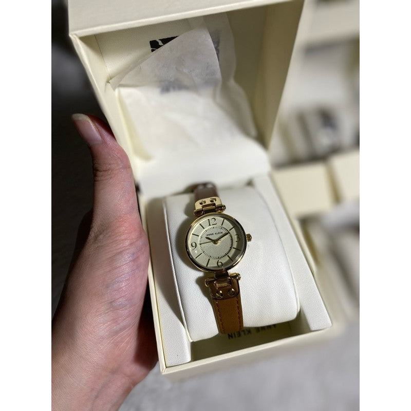 AUTHENTIC Anne Klein Women's Gold-Tone Champagne Dial and Brown Leather Strap Watch 10/9442CHHY
