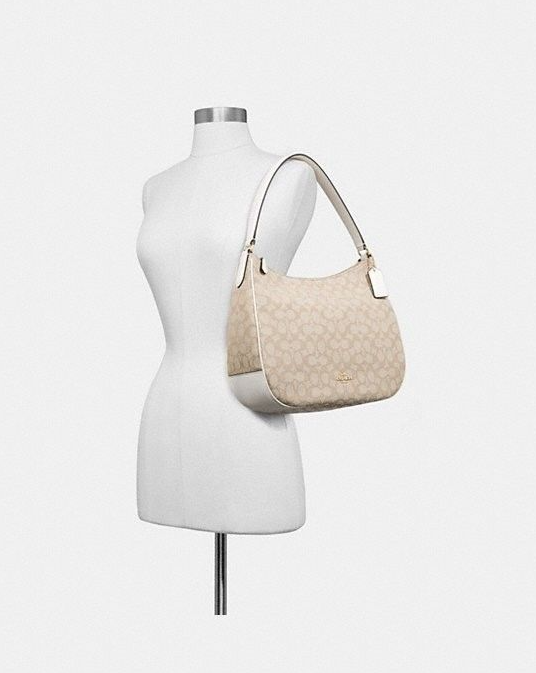 AUTHENTIC/ORIGINAL Preloved Coach Zip Shoulder Hobo Bag in Signature Canvas Light Khaki