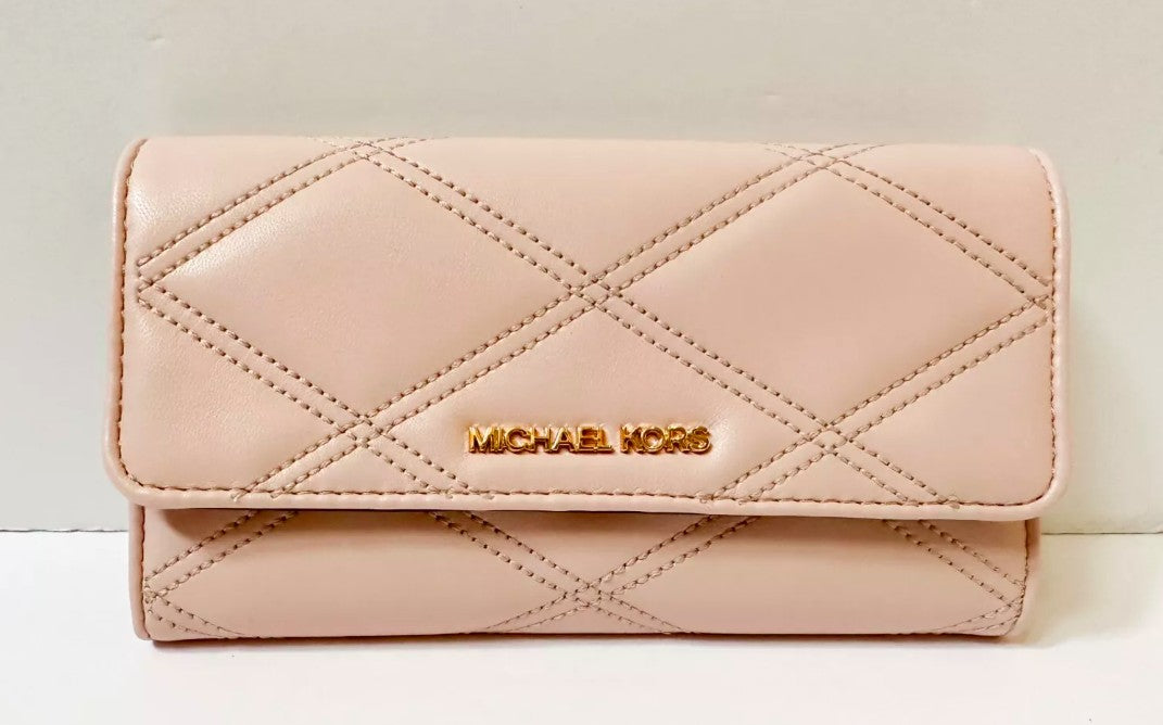 AUTHENTIC/ORIGINAL Preloved MK Michael Kors Jet Set Travel Large Trifold Quilted Leather Pink Long Wallet
