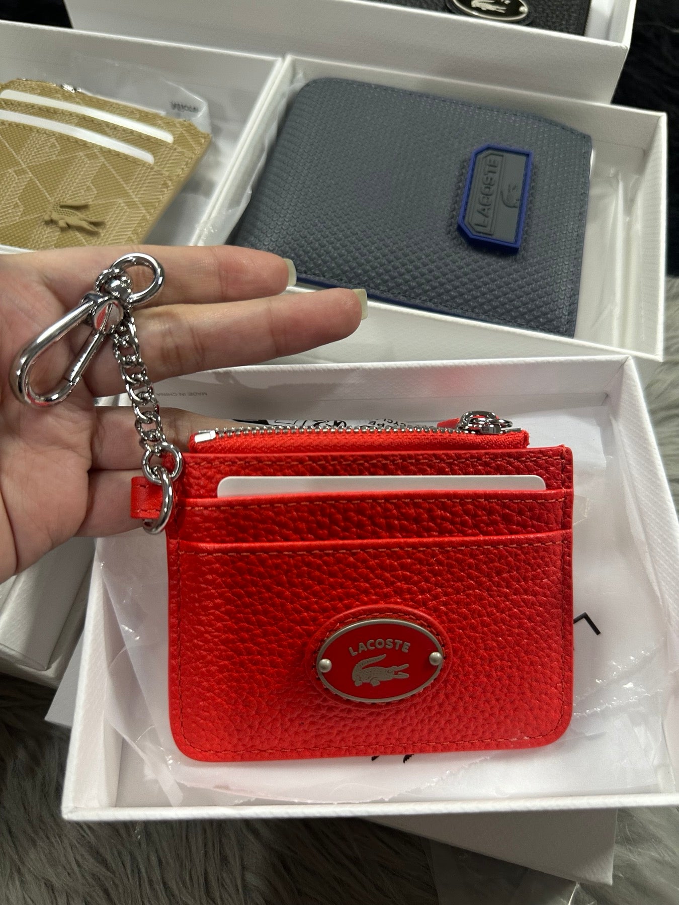 AUTHENTIC ORIGINAL Lac0ste Zip Credit Card Holder Small Wallet Red Bla Grandeur Store