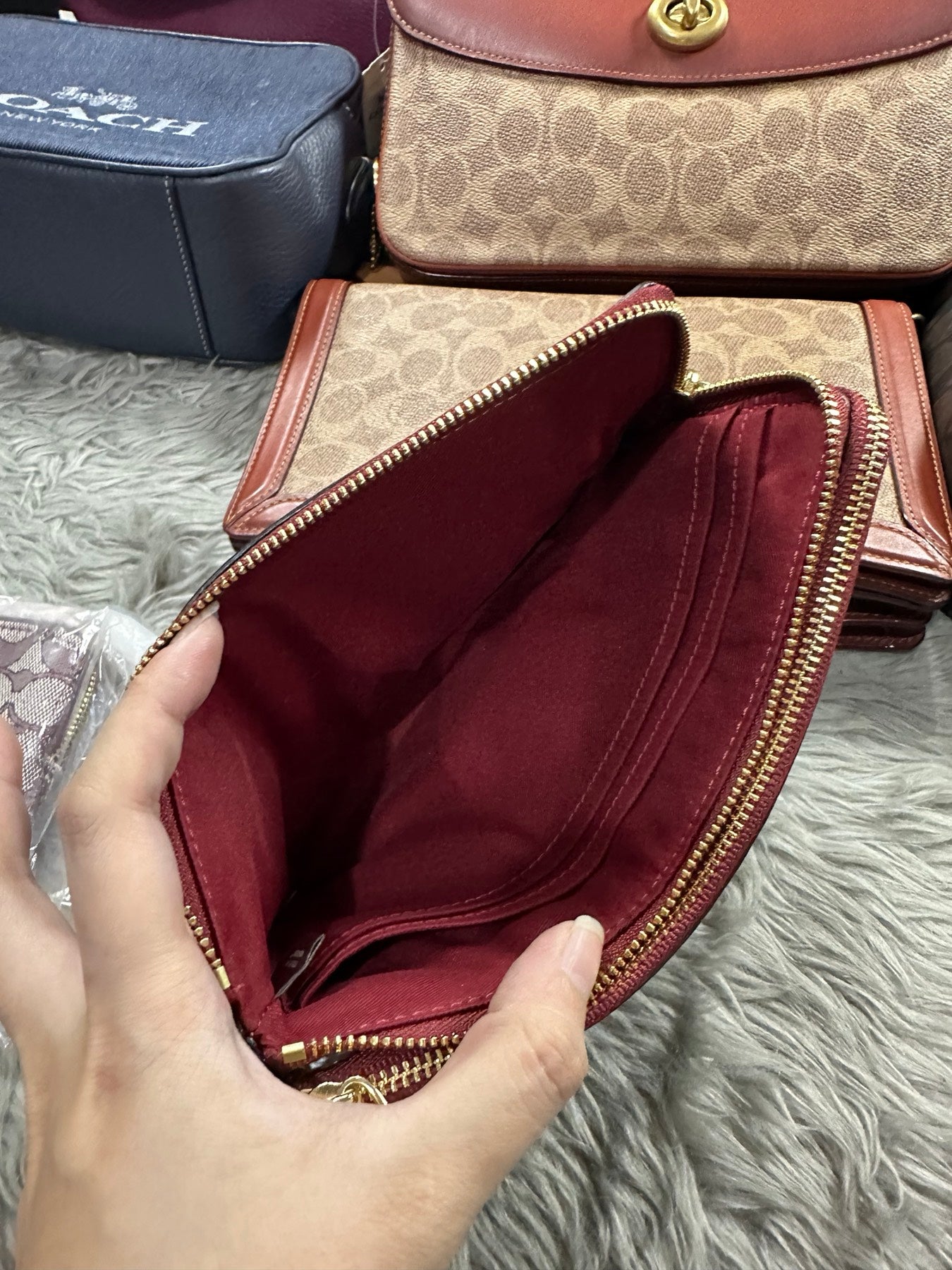 AUTHENTIC/ORIGINAL Coach Double Zip Large Wallet Wristlet In Signature Canvas Brown/Red