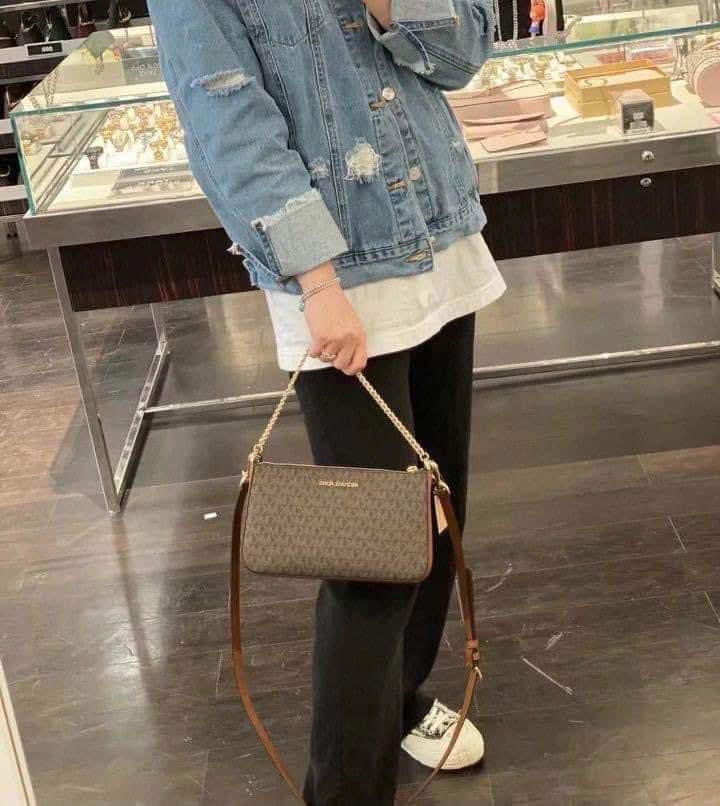 AUTHENTIC/ORIGINAL Michael K0rs MK Jet Set Medium Shoulder Chain and Crossbody Bag Brown