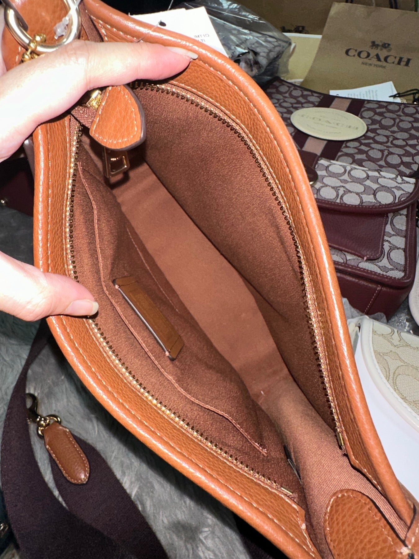 AUTHENTIC/ORIGINAL Preloved Coach Dempsey File Bag In Signature Jacquard With Stripe Brown