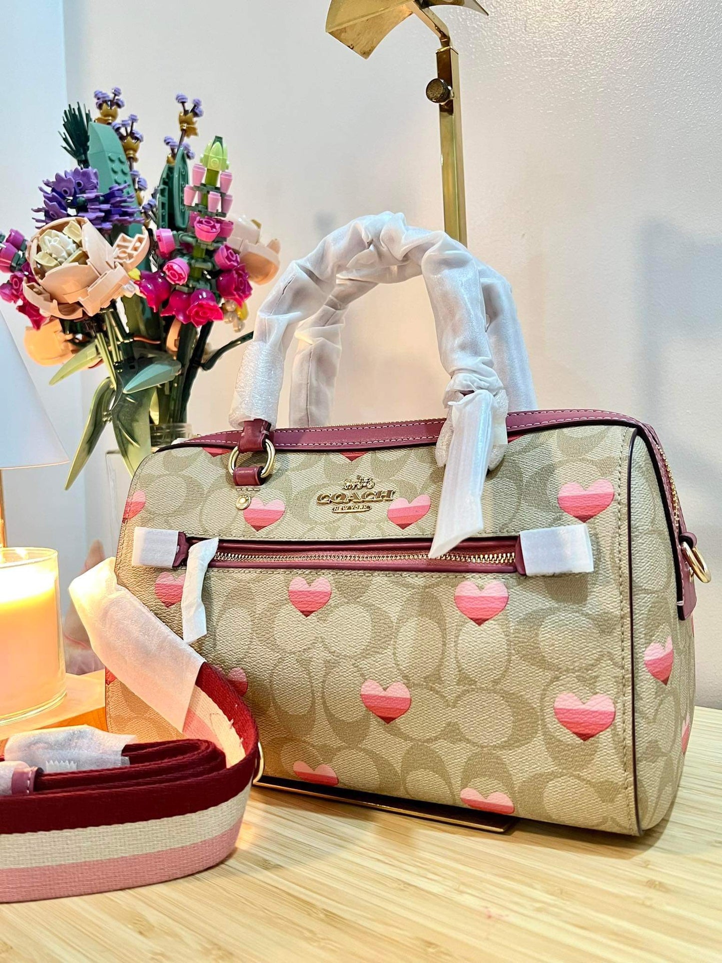AUTHENTIC/ORIGINAL COACH Rowan Satchel Bag In Signature Canvas With Stripe Heart Print