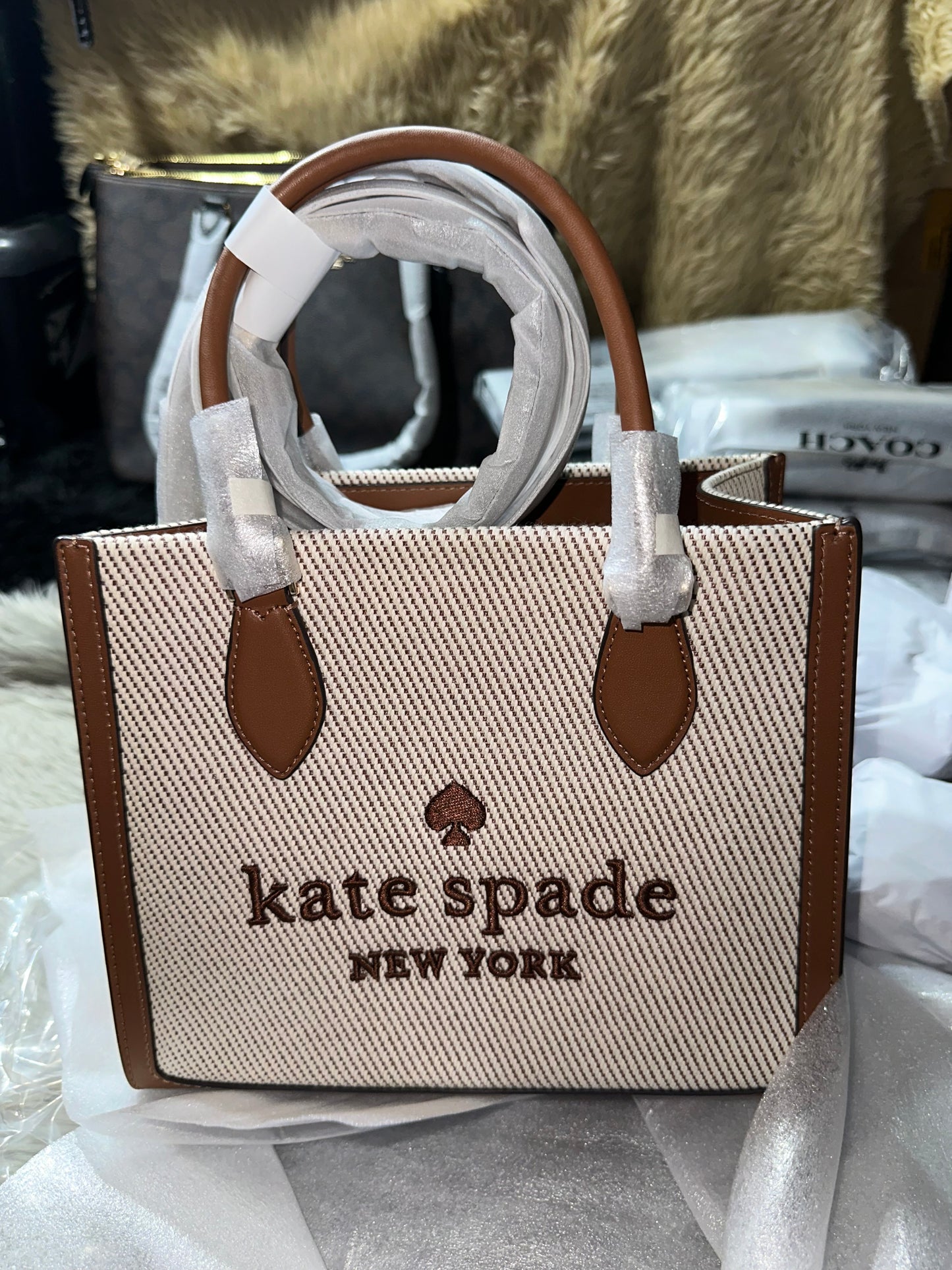 AUTHENTIC/ORIGINAL KateSpade KS Ellie Small Tote Brown Beige Bag Canvas