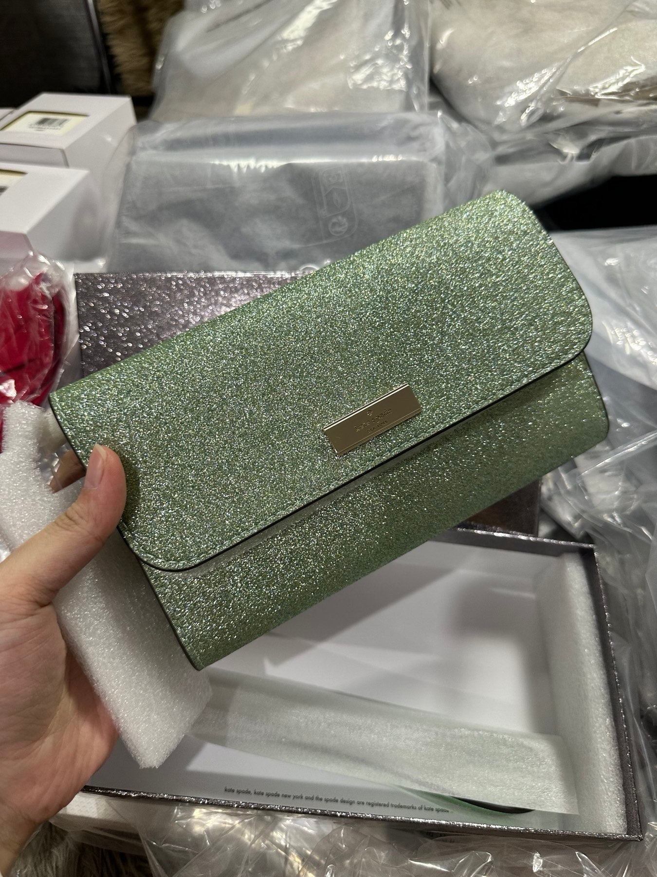 AUTHENTIC/ORIGINAL KateSpade KS Kenzie Boxed Glitter Medium Flap Wristlet Wallet Black Green