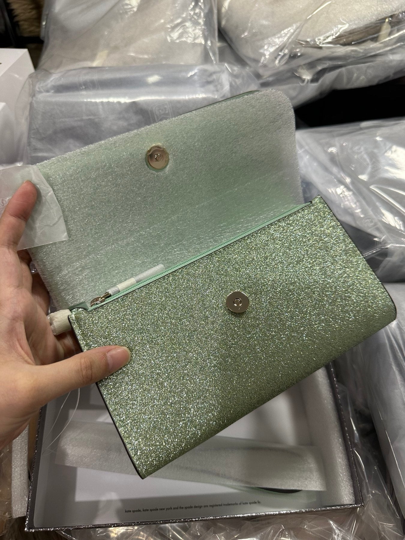 AUTHENTIC/ORIGINAL KateSpade KS Kenzie Boxed Glitter Medium Flap Wristlet Wallet Black Green