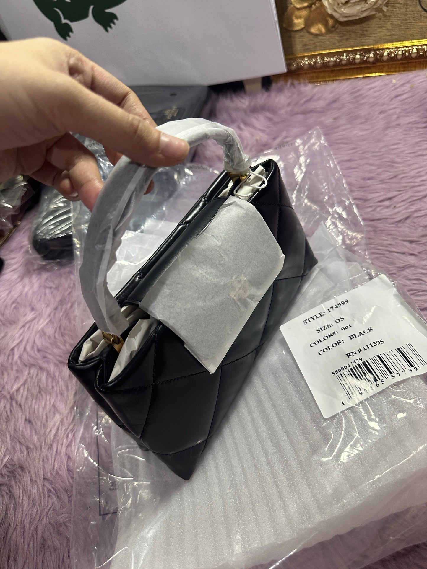 ORIG & IMPORTED TB Kira Diamond Quilt Top-Handle Small Quilted Black Bag