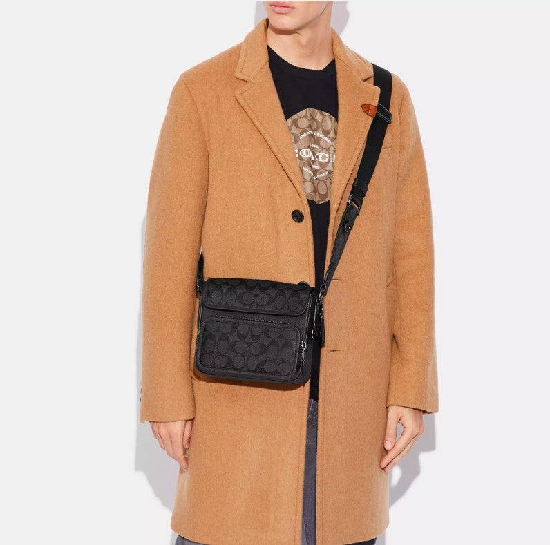 AUTHENTIC/ORIGINAL Coach Sullivan Flap Crossbody Men's Bag In Signature Canvas in Charcoal Black