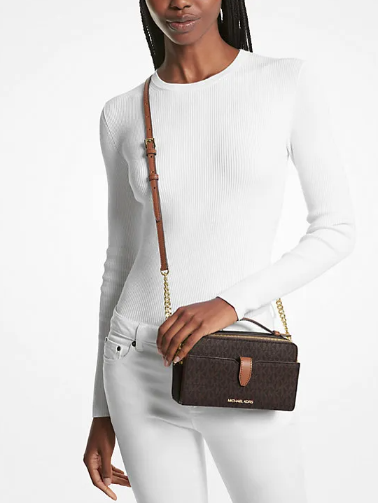 AUTHENTIC/ORIGINAL Michael K0rs MK Medium Logo Smartphone Crossbody Bag in BROWN