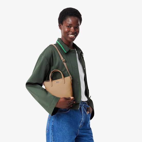 AUTHENTIC/ORIGINAL Lacoste Women's Concept Petit Piqué Coated Canvas Mini Zip Tote Bag Beige