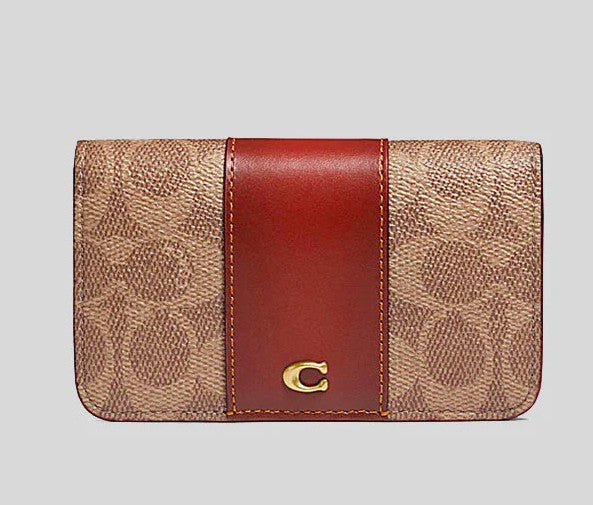 AUTHENTIC/ORIGINAL Preloved Coach Retail Slim Card Case Flap Wallet In Signature Canvas Tan Rust