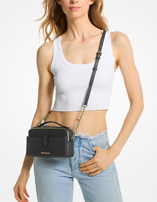 AUTHENTIC/ORIGINAL Michael K0rs MK Jet Set Medium Saffiano Smartphone Double-Zip Crossbody Bag Black