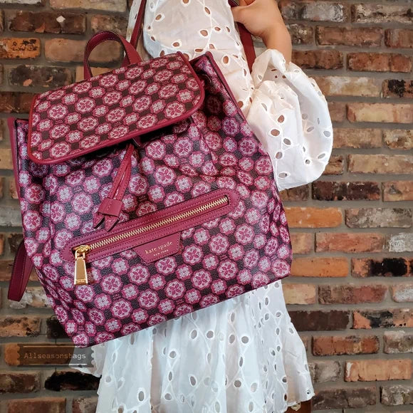 AUTHENTIC/ORIGINAL KateSpade Flower Monogram Mia Flap Backpack Pink Retail