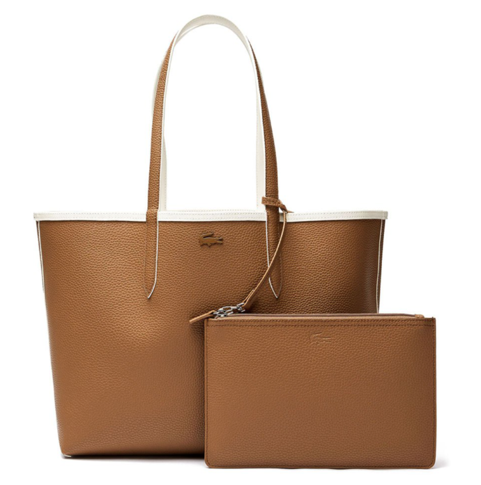 AUTHENTIC/ORIGINAL Lacoste Anna Reversible Bocolor Tote Bag in Brown/Cream White/Navy/Black