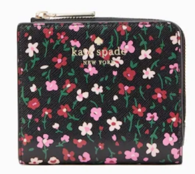 AUTHENTIC/ORIGINAL KateSpade KS Black Floral Splendid Ditsy Schuyler Small L Zip Bifold Wallet