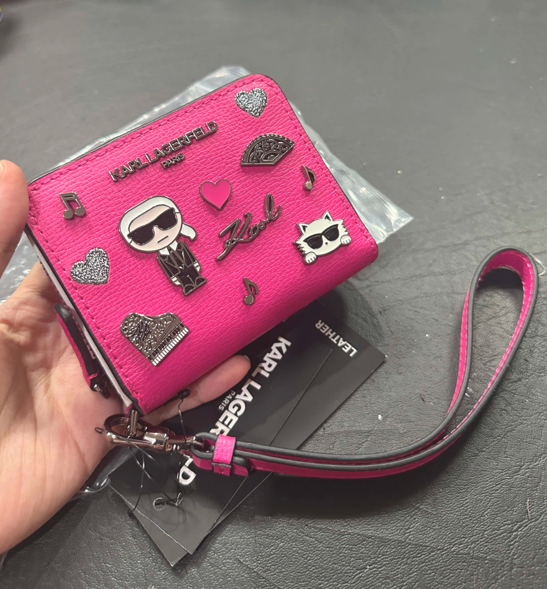 ORIG & IMPORTED Karl Lagerfeld KL Small zip around black/pink bifold wallet wristlet with pins