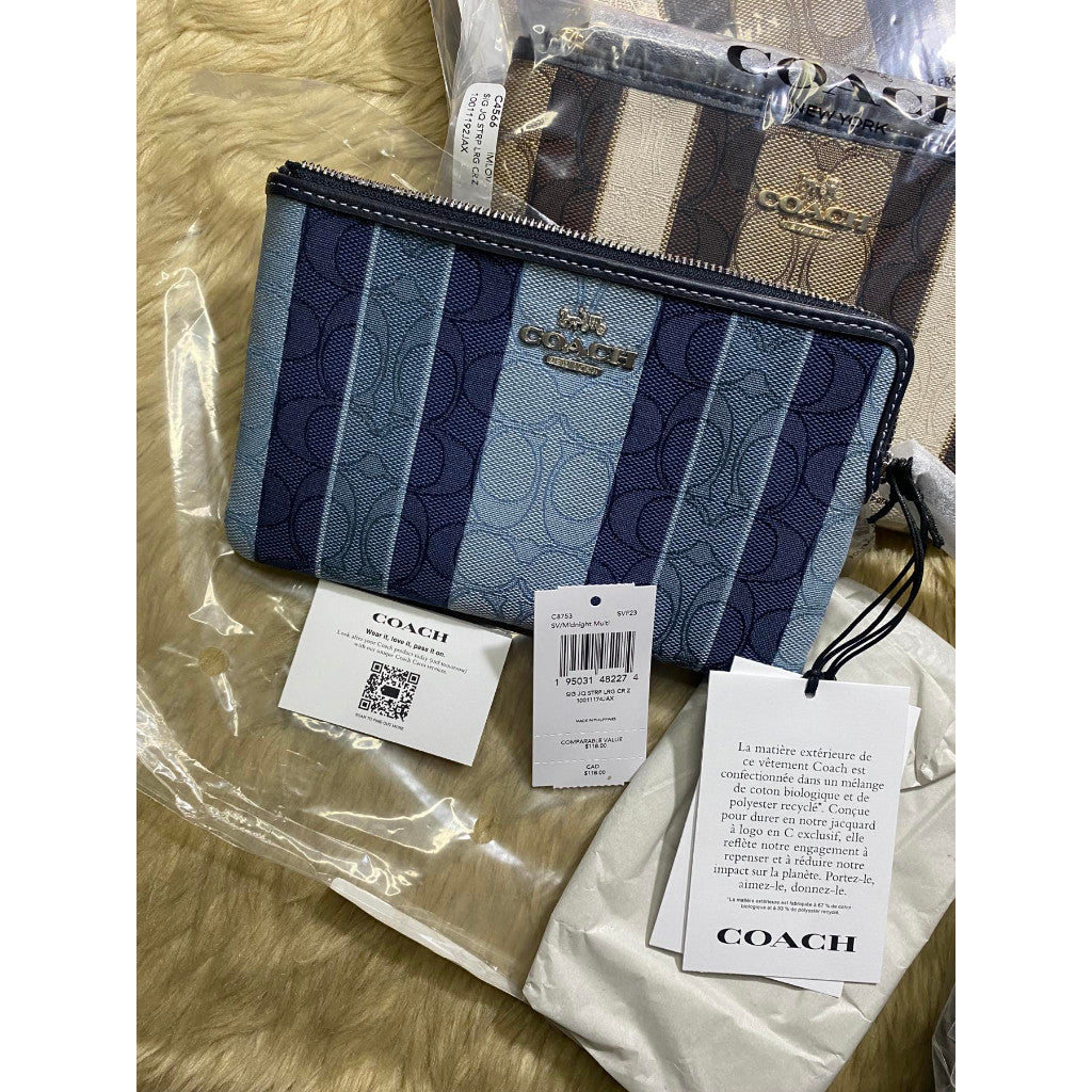 AUTHENTIC/ORIGINAL COACH Large Corner Zip Wristlet Wallet In Signature Jacquard Brown & Blue