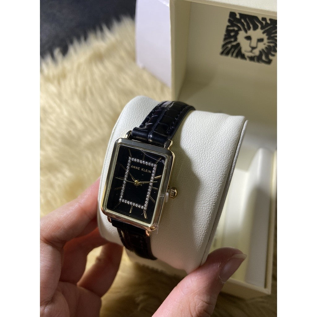 AK Klein Women's Glitter Accented Croco-Grain Strap Watch, Black leather AK/3820GPBK
