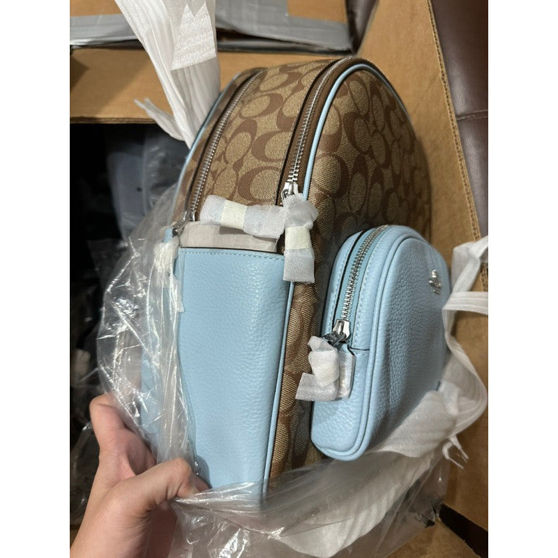 AUTHENTIC/ORIGINAL COACH Court Backpack In Signature Canvas Bag in KHAKI/POWDER BLUE