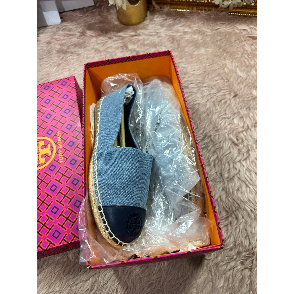 ORIG & IMPORTED Tory Burch w6 ONLY Denim Chambray Blue Flat Espadrille Shoe