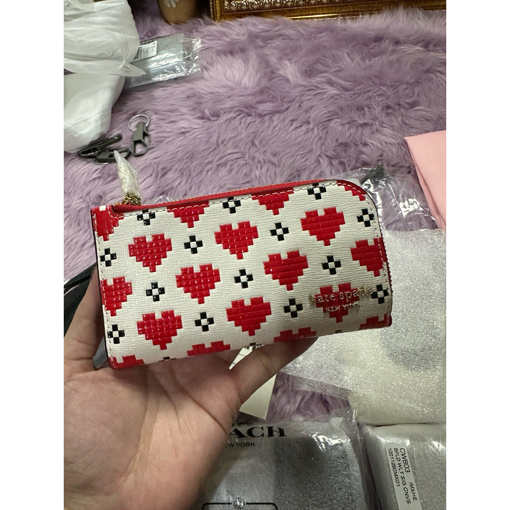 ORIG & IMPORTED KS Devin Pixel Hearts Small Slim Bifold Red Wallet