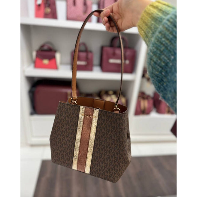 ORIG & IMPORTED MK Pratt Medium Signature Logo and Metallic Shoulder Bag Brown