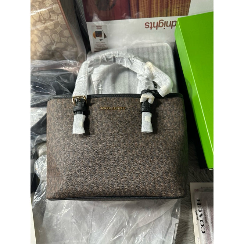 ORIG & IMPORTED MK Jet Set Travel Extra-Small Logo Top-Zip Tote Bag in Brown/Black