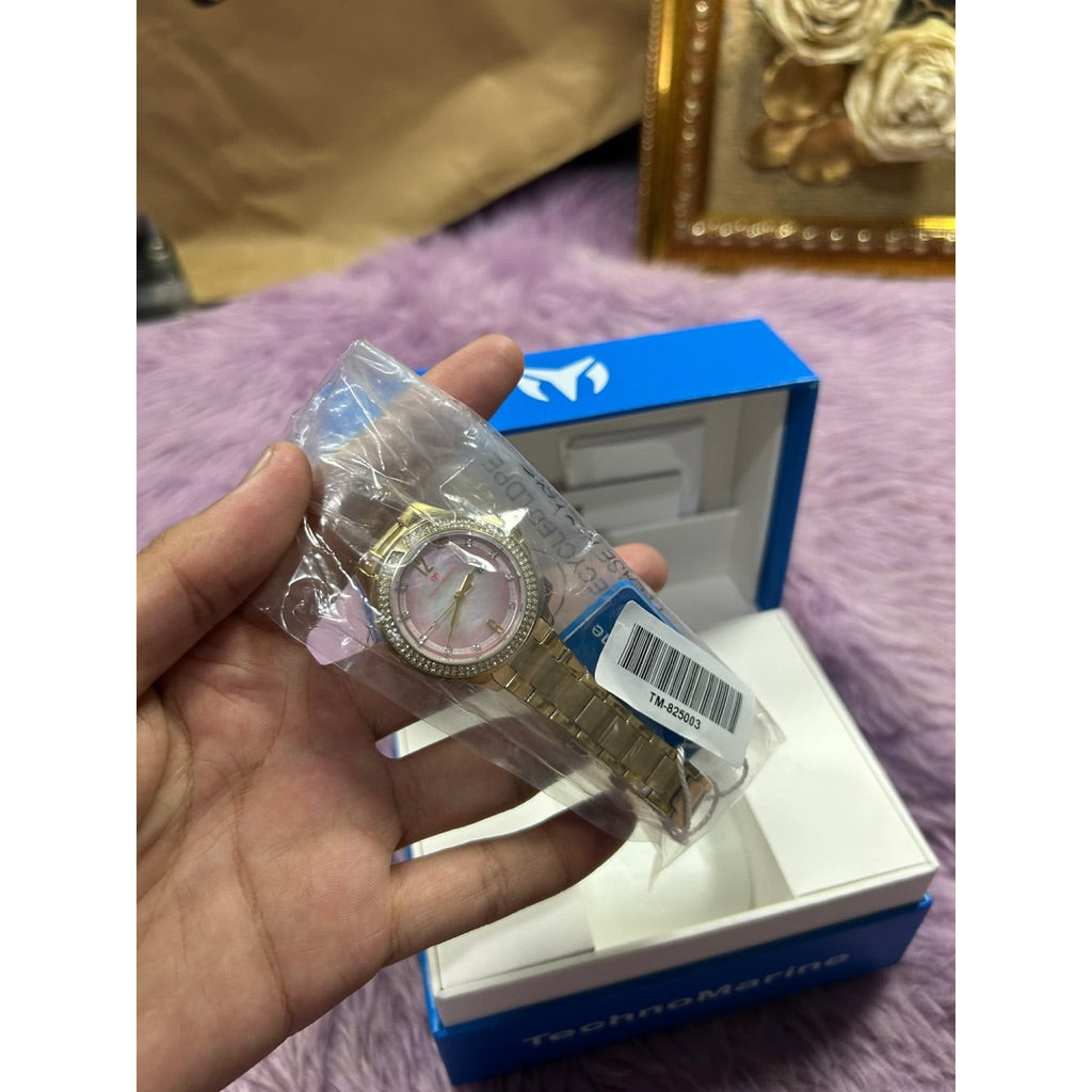 ORIG & IMPORTED Technomarine LUNA 33MM TM-825003 Lady's Watch Pink Dial Gold Band